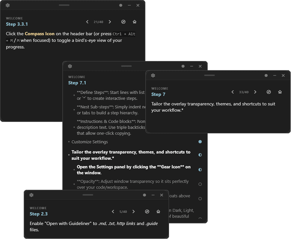 Guideliner floating windows showing interactive steps and code copy block